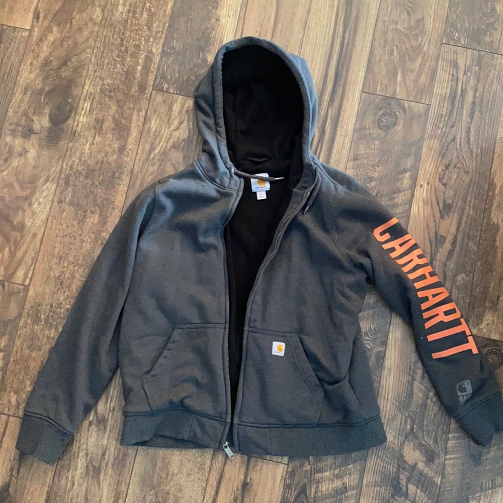 Women’s rain defender double lined Carhartt zip up hoodie.